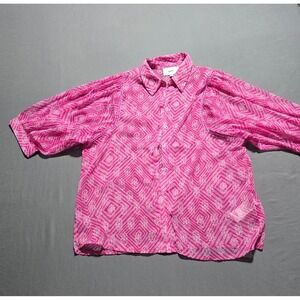 Shoeby Chiffon Blouse Womens Medium Pink Geometric Print Puff Sleeve Button Down
